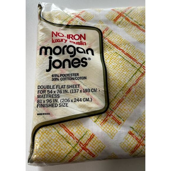 Vtg Morgan Jones Full Flat Sheet & Pillowcases Retro Tattersall Luxury Muslin - Picture 2 of 7